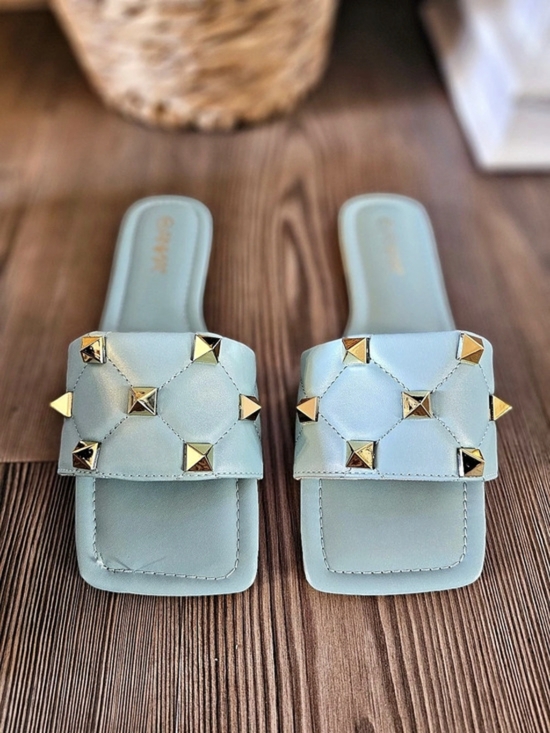 Anna Shoes - ANNA New Gold Studded Slide Sandals in Turquoise Blue Size 9